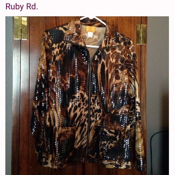 🌹Ruby Rd. Animal print woman’s jacket full zip up monk neck shinny squares sz16 - Picture 13 of 16
